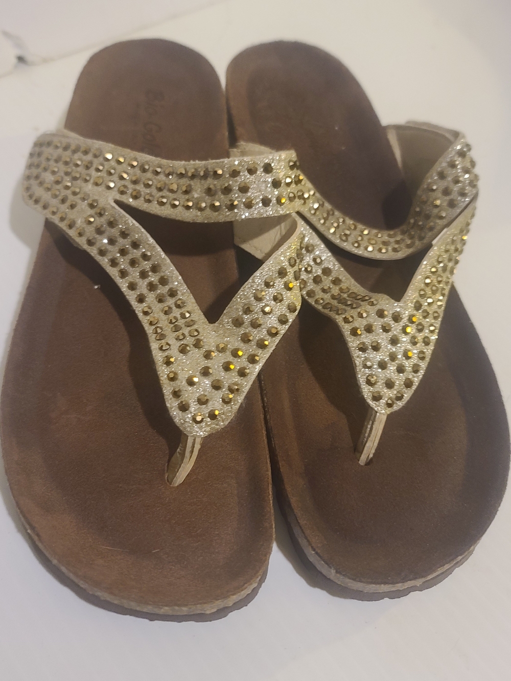 Bio-Gold Strappy Italian Gold Rhinestones Glitter Slip On Wedge Sandals Sz8